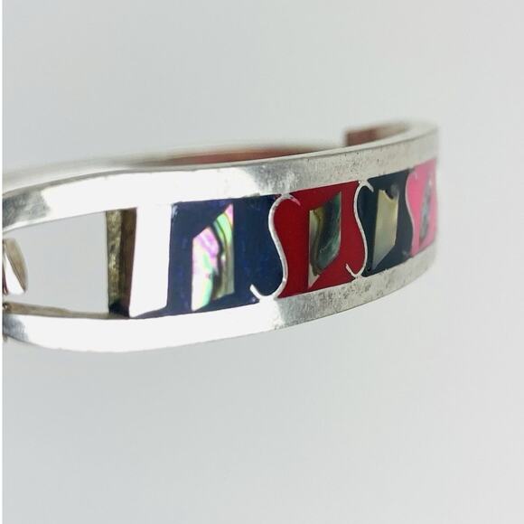 Vintage Alpaca Mexico Bangle Bracelet Red Abalone Small Hinged Letter S Pink Bla - Picture 7 of 15